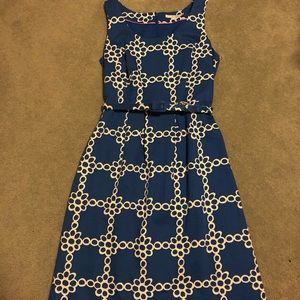 Patterned blue dress with matching belt